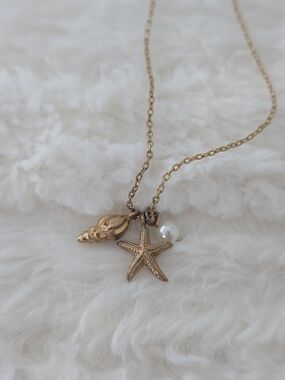 Gold Shell & Starfish Charm Necklace with Pearl Accent